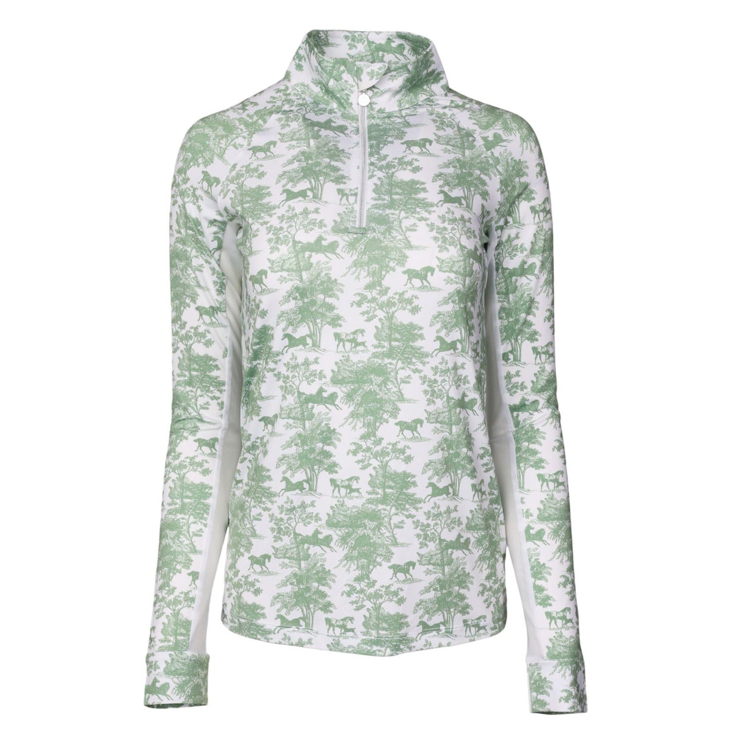 Dapplebay Equestrian Toile 1/4 Zip Light Riding Top - Long Sleeve-Green/White