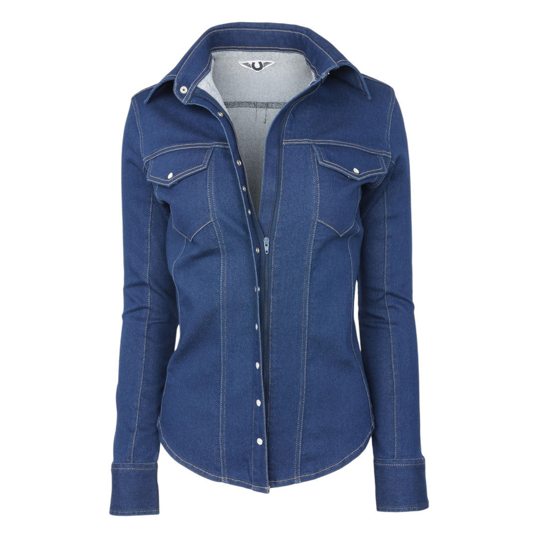 TuffRider Cody Ladies Western Denim Shirt with Covered Zip Closure and Decorative Pearl Snaps
