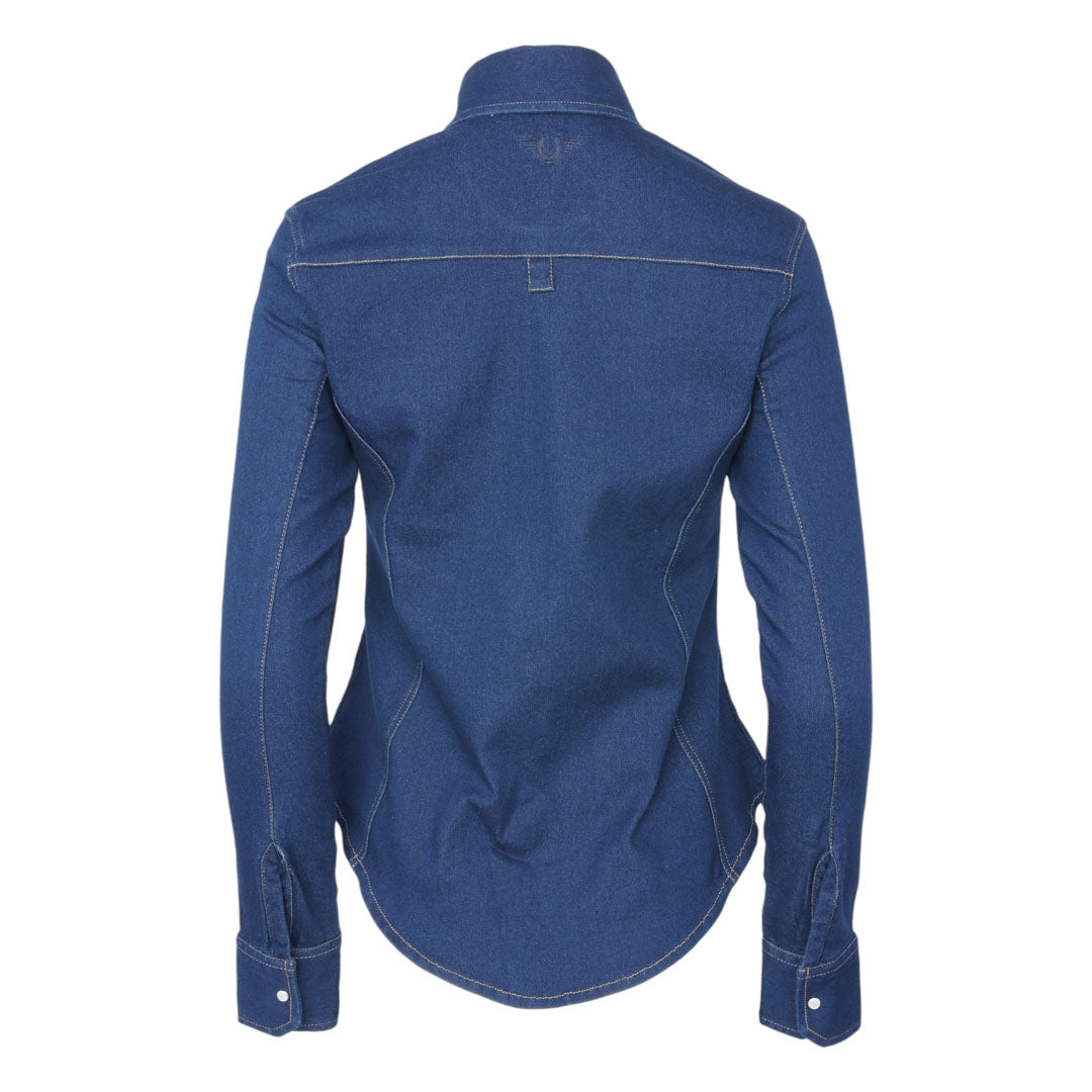 TuffRider Cody Ladies Western Denim Shirt with Covered Zip Closure and Decorative Pearl Snaps