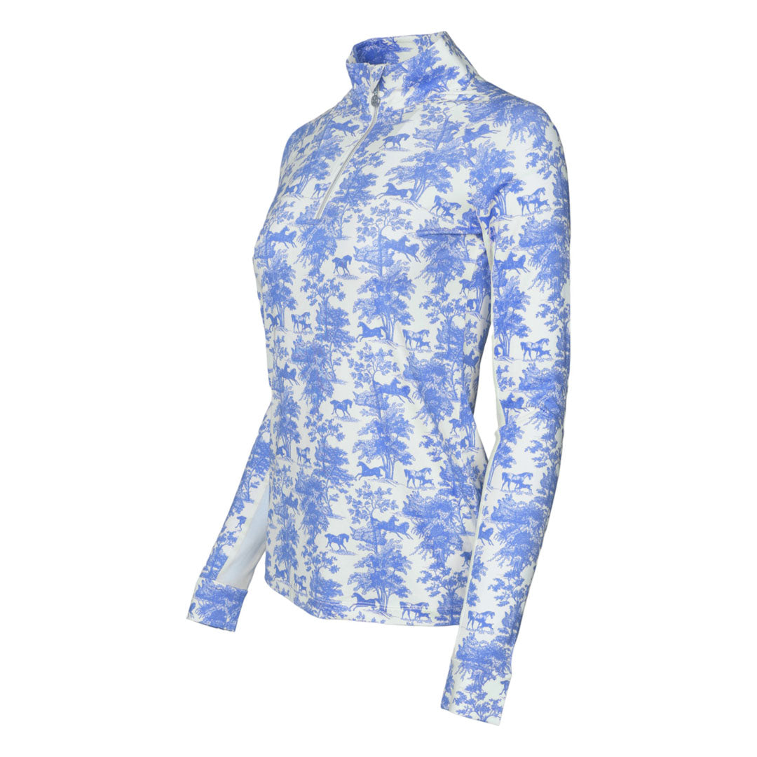 Dapplebay Equestrian Toile 1/4 Zip Light Riding Top - Long Sleeve-Blue/White