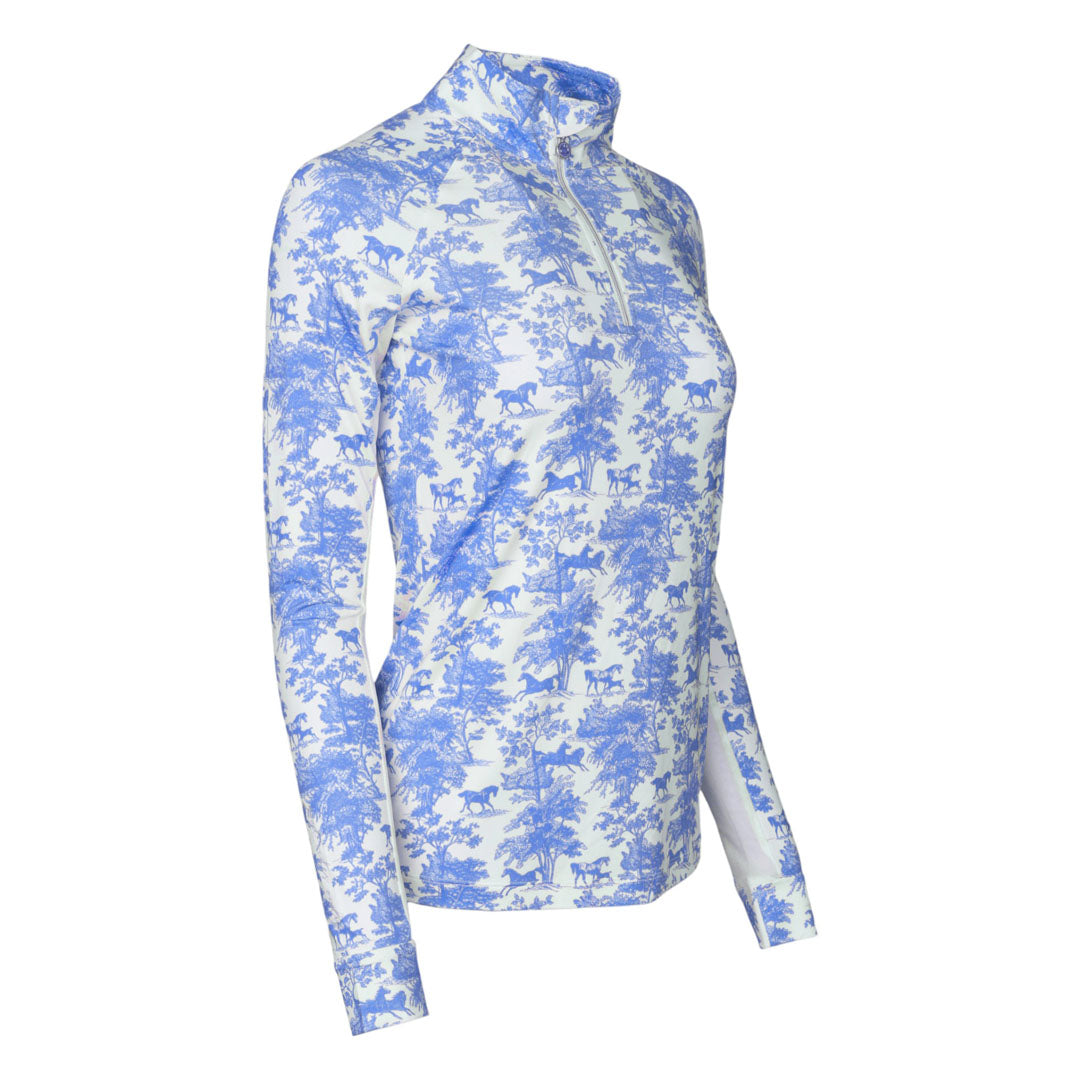 Dapplebay Equestrian Toile 1/4 Zip Light Riding Top - Long Sleeve-Blue/White