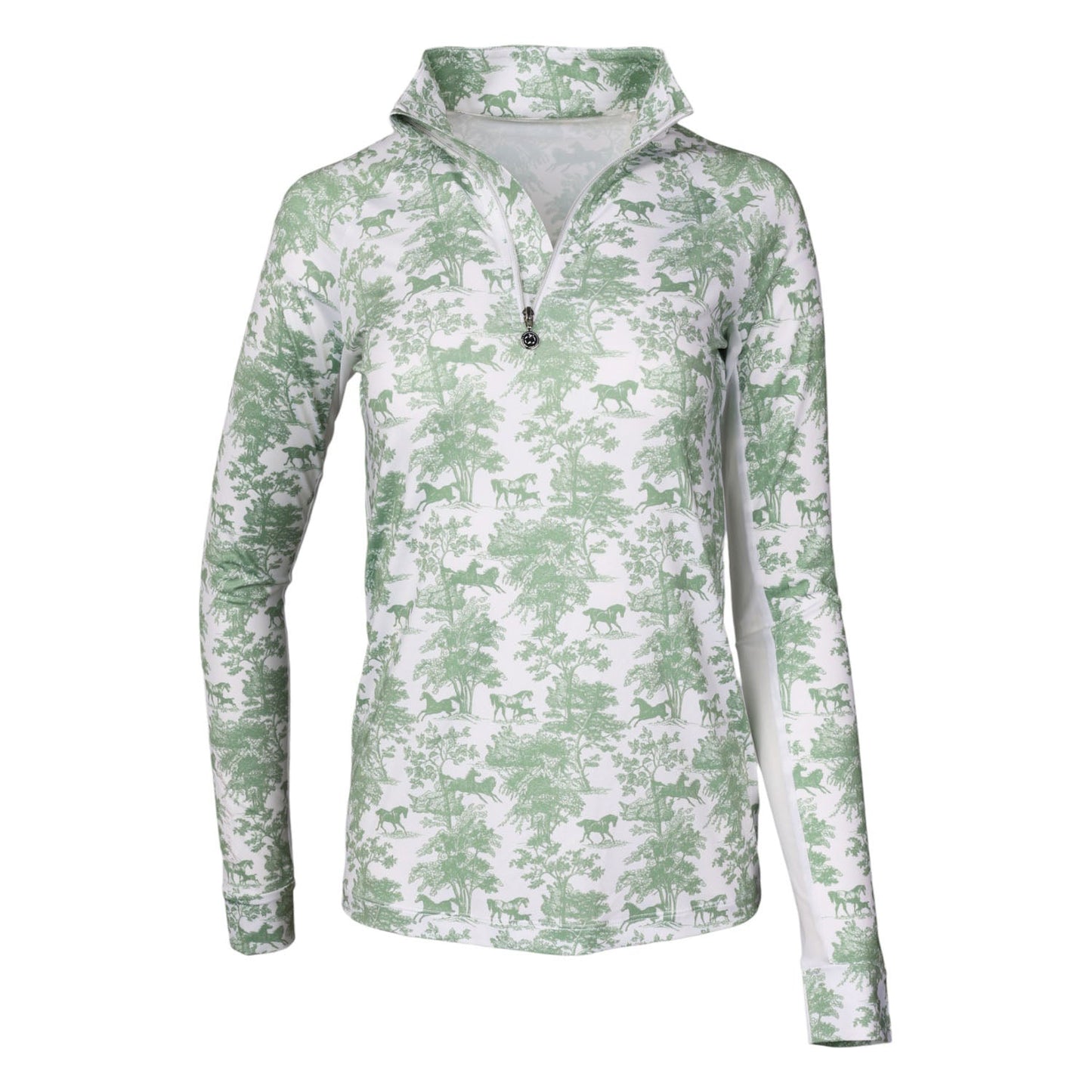 Dapplebay Equestrian Toile 1/4 Zip Light Riding Top - Long Sleeve-Green/White