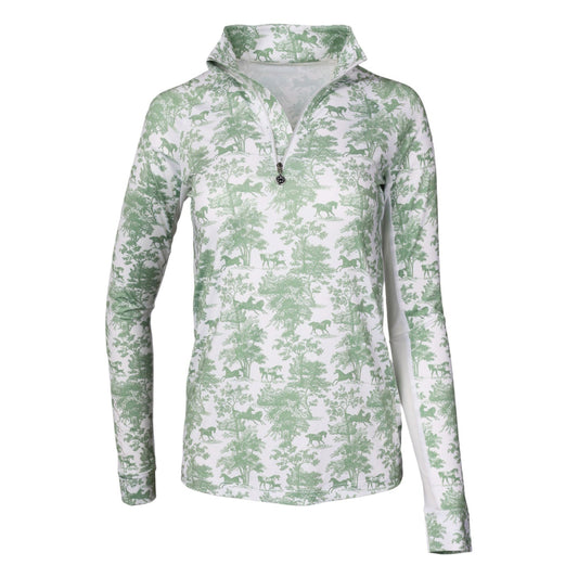 Dapplebay Equestrian Toile 1/4 Zip Light Riding Top - Long Sleeve-Green/White