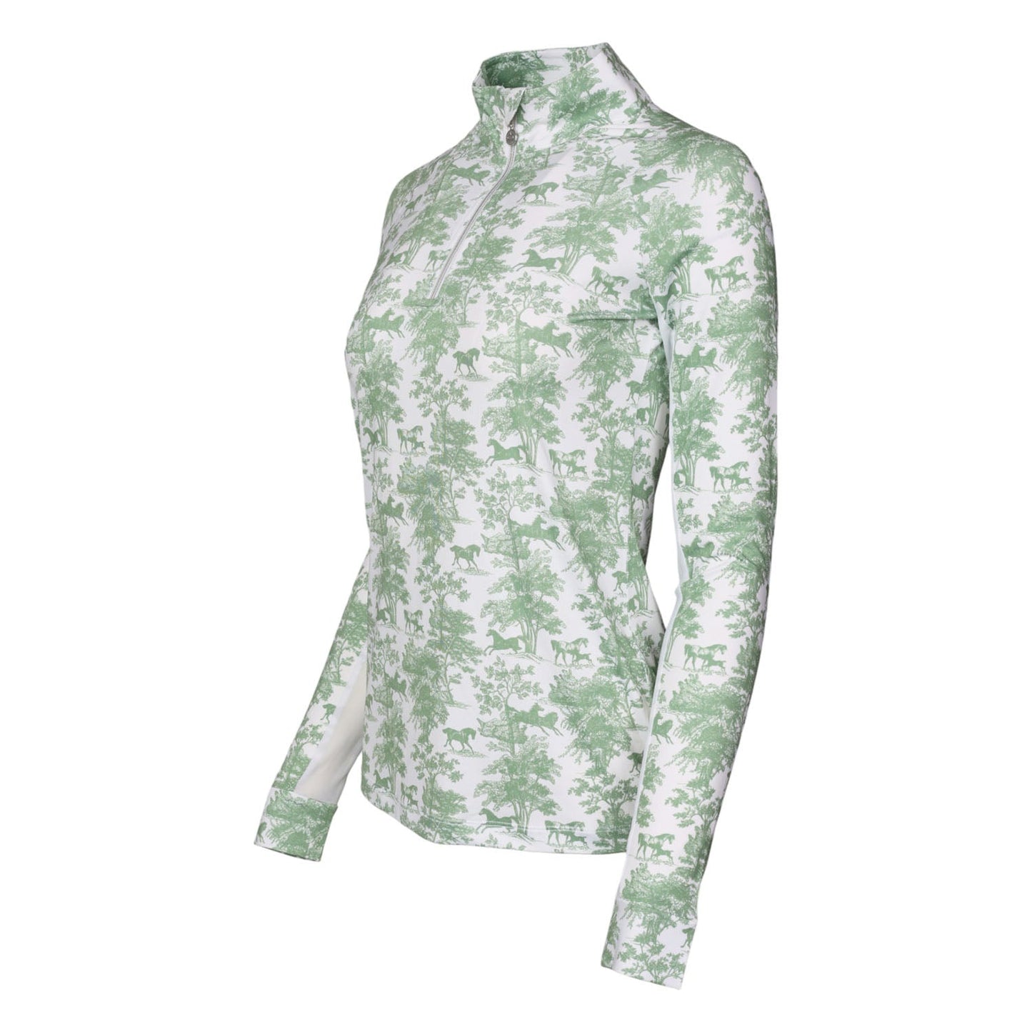 Dapplebay Equestrian Toile 1/4 Zip Light Riding Top - Long Sleeve-Green/White