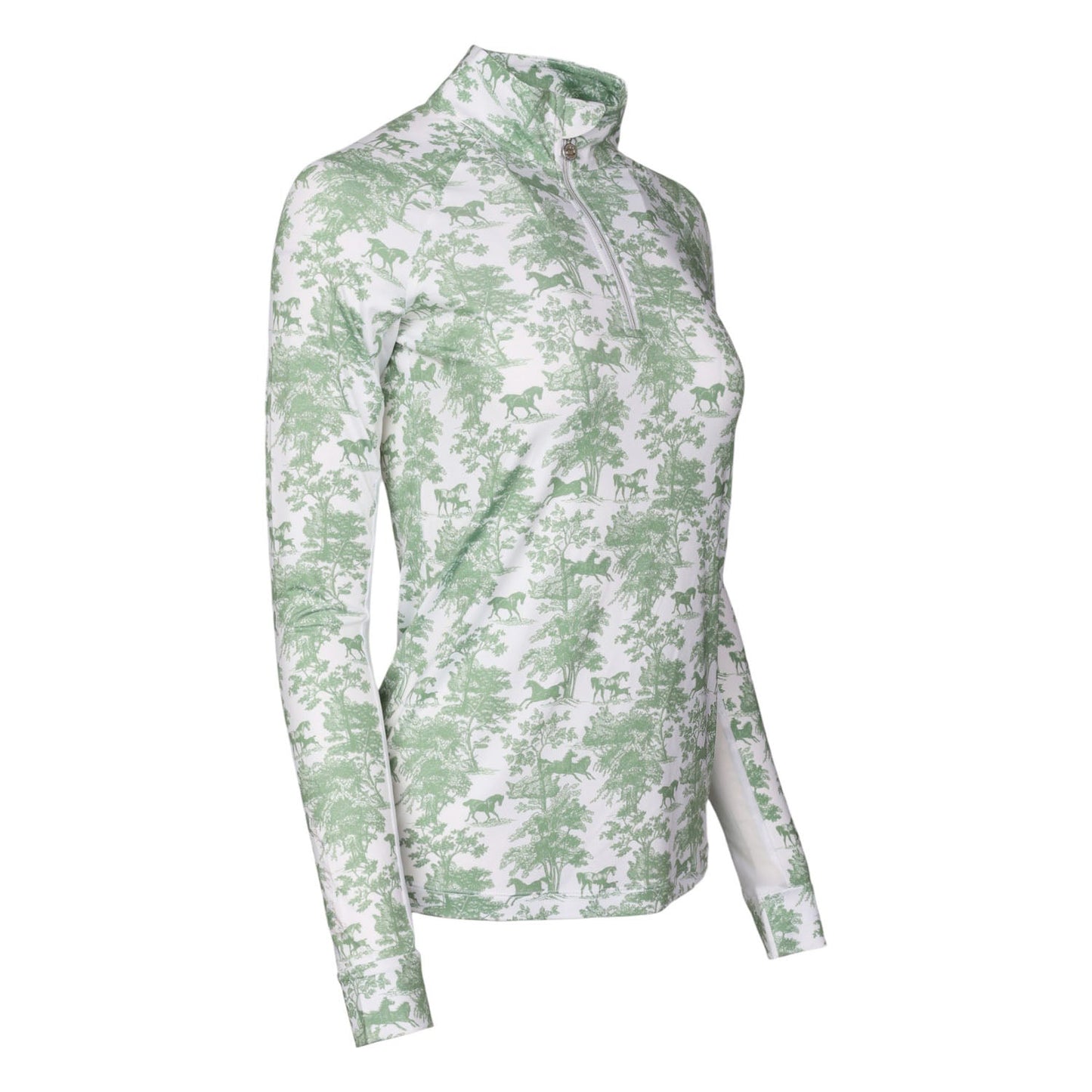 Dapplebay Equestrian Toile 1/4 Zip Light Riding Top - Long Sleeve-Green/White