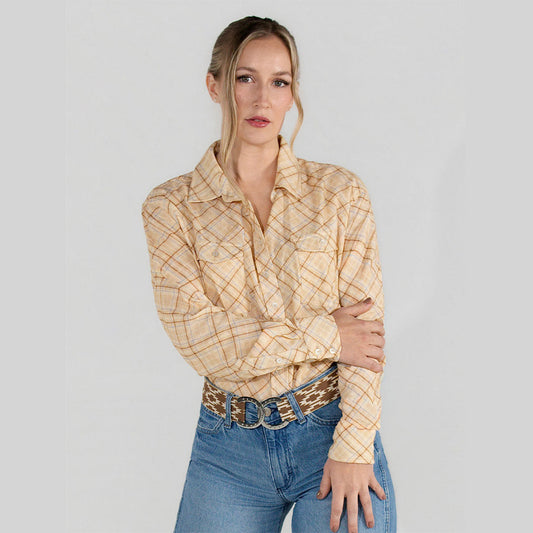 Dapplebay Spring Plaid Breezy Button Up Top-Tan - Sunset Bay Equestrian