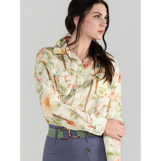 Dapplebay Vintage Floral Breezy Button Up Top-Tan - Sunset Bay Equestrian
